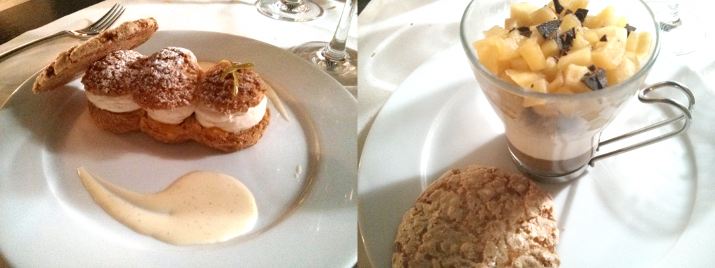 A gauche : Paris-Brest. A droite : verrine de crème de marron et pomme (un peu écoeurante)