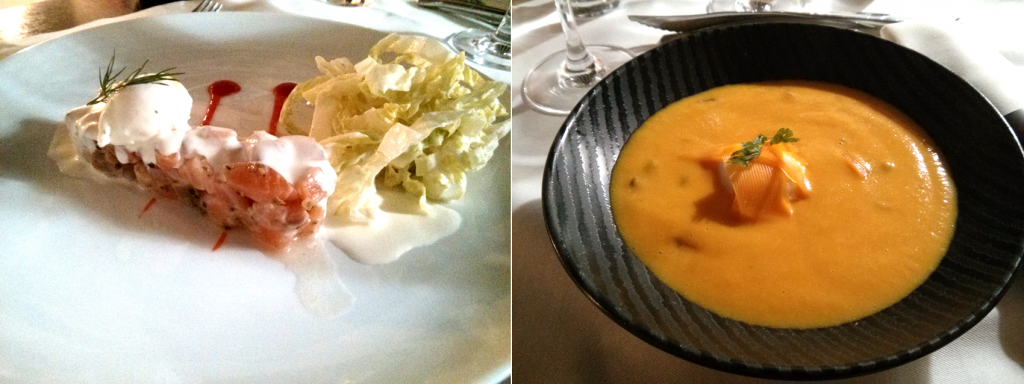 A gauche : Tartine de saumon mariné et fromage frais au citron vert. - A droite : Crème de potiron, œuf poché, châtaignes et mimolette