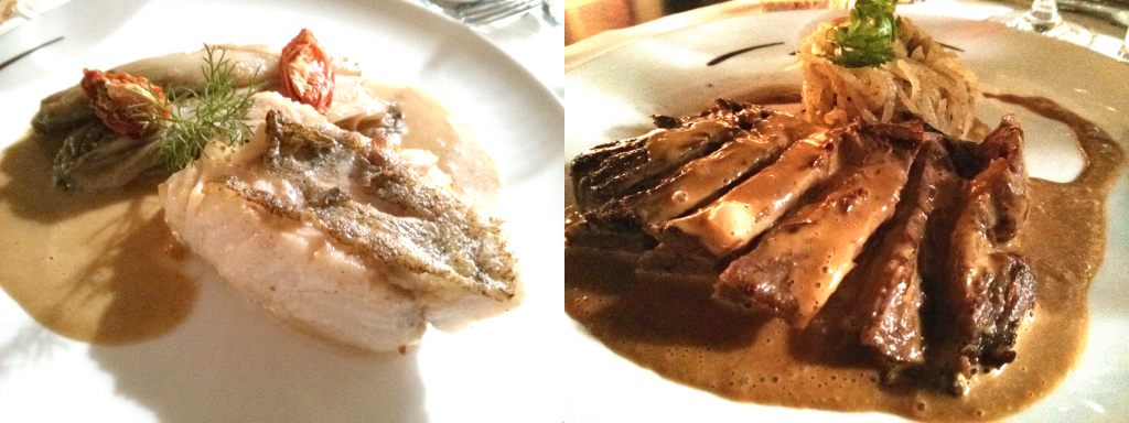 A gauche : Onglet de veau rôti, spaghettis de navets Daïkon confits.- A droite : Dos delieu jaune rôti, endives caramélisées et sauce orange passion